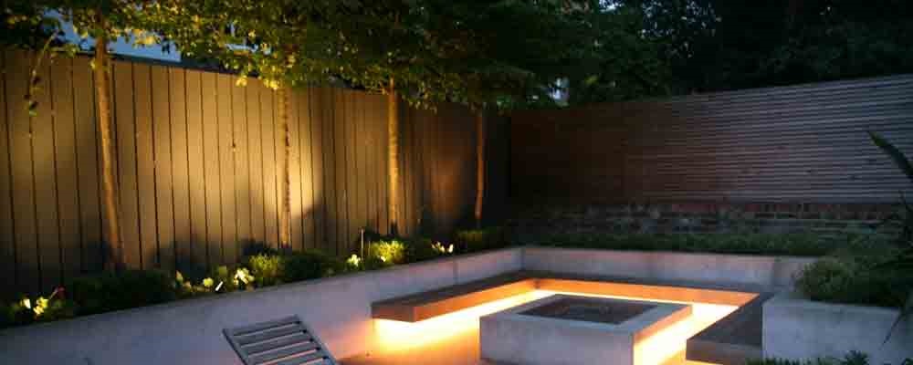 Custom back yard design and landscape, construction and lighted by LED